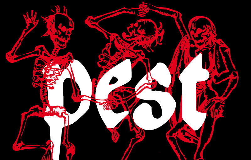 Logo der Pest-Ausstellung. weiße Schrift, rote Skelette, schwarzer Hintergrund