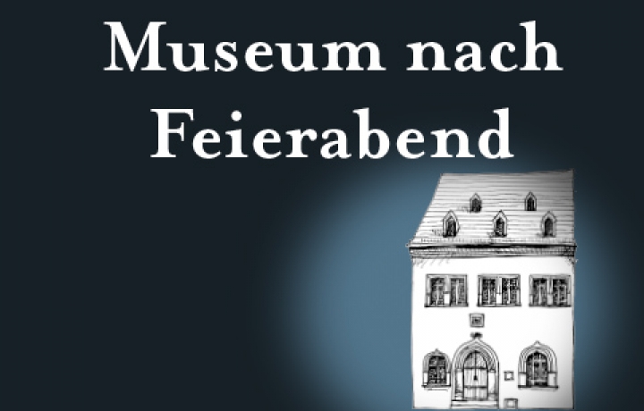 Logo der Vortragsreihe "Museum nach Feierabend", dunkelblau - weiße Schrift, rechts unten eine Illustration des Sterbehauses