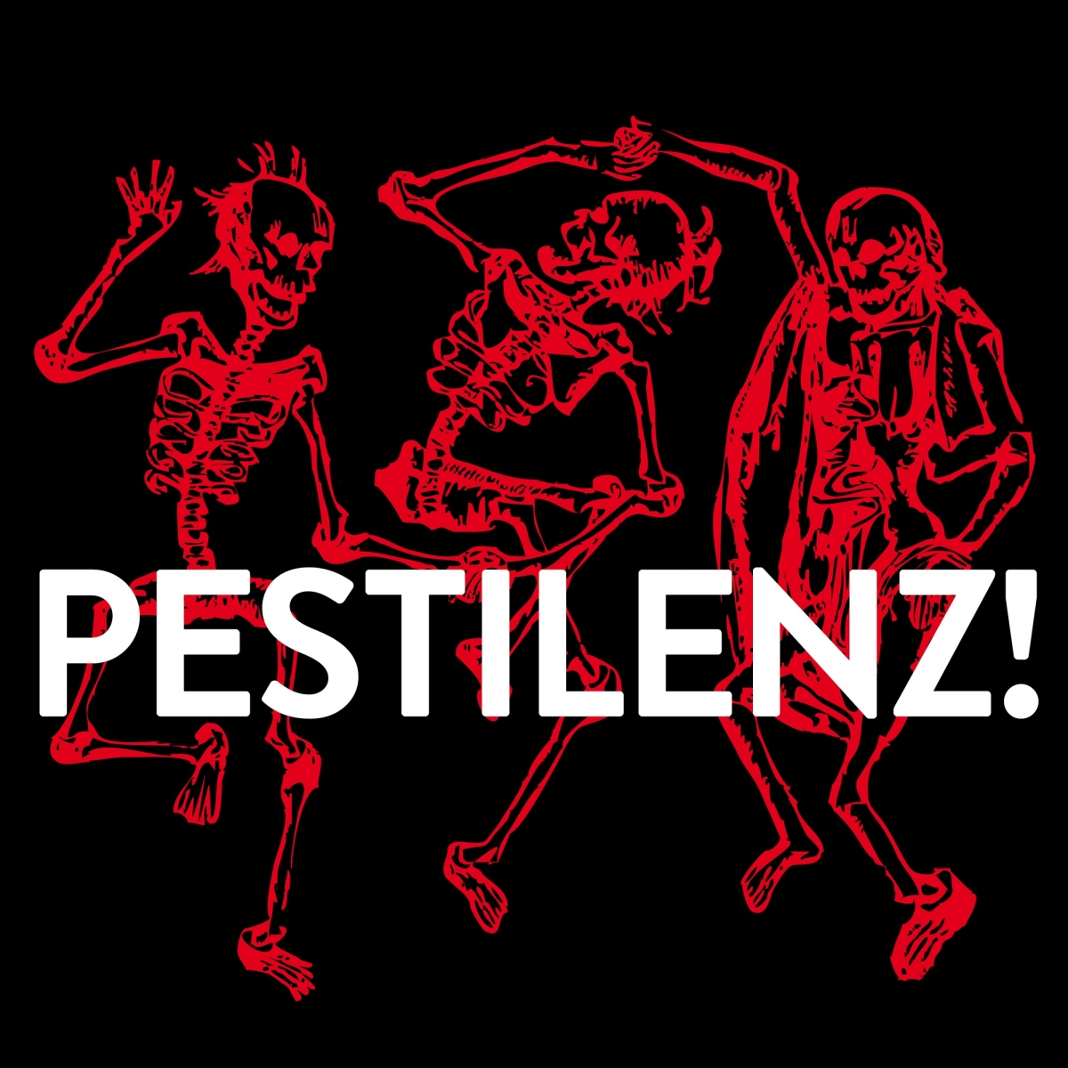 Logo zum Podcast. weiße Schrift, rote Skelette tanzen auf schwarzem Hintergrund