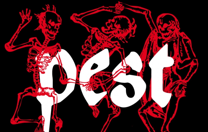 Logo zu Pest-Sonderausstellung. weiße Schrift, schwarzer Hintergrund, 3 tanzende Skelette in rot