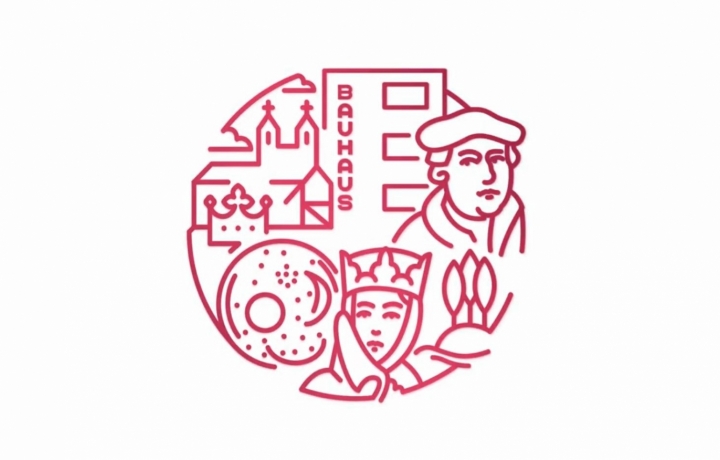 Logo der UNESCO-Welterbestätten in Sachsen-Anhalt, rot auf weißem Hintergrund